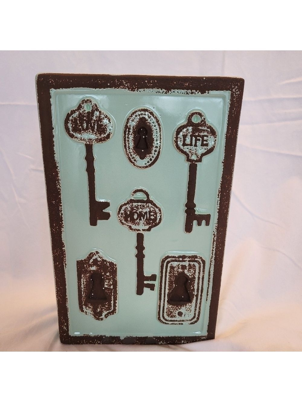 Vintage Style Key Rectangular Shaped Ceramic Vase in Brown and Teal